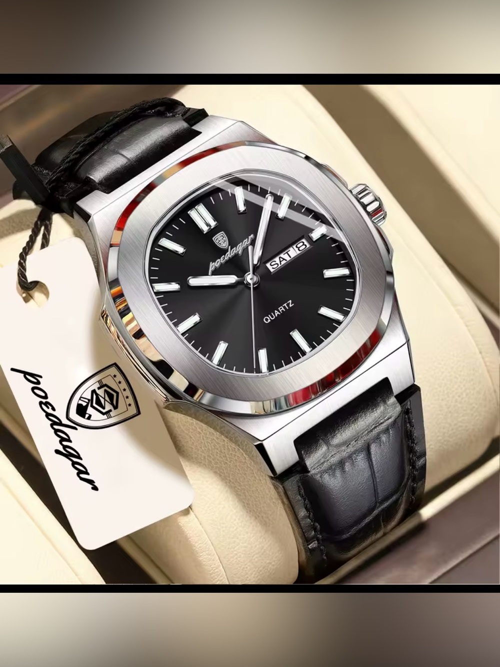 Poedagar Black Dial Men's Quartz Watch with Black Leather Strap